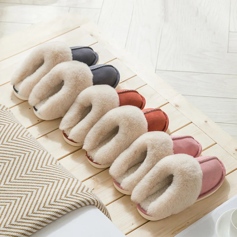 Warm Fur Indoor Home Slippers Women 2023 Winter Soft Plush Couple Cotton Padded Shoes Comfy Anti-Slip Flat Fluffy Slippers Woman