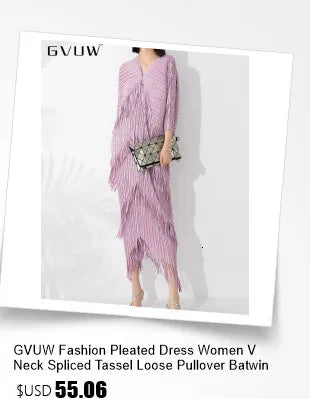 GVUW Pleated Fashion V Neck Full Sleeve Dress Women Gathered Waist Loose Medium Long A Line New 2024 Summer Eleagnt Lady 17G5620