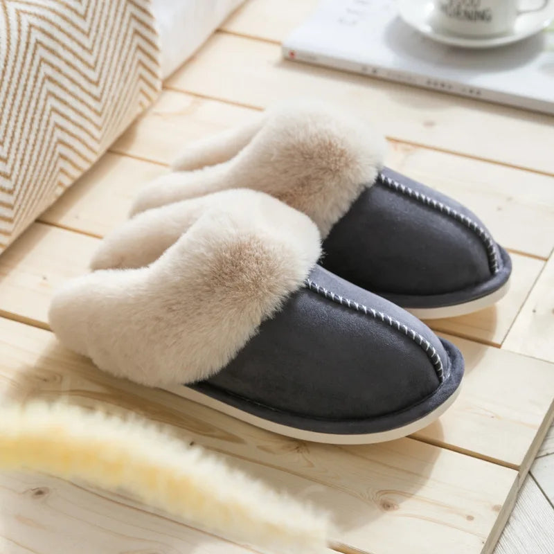 Warm Fur Indoor Home Slippers Women 2023 Winter Soft Plush Couple Cotton Padded Shoes Comfy Anti-Slip Flat Fluffy Slippers Woman