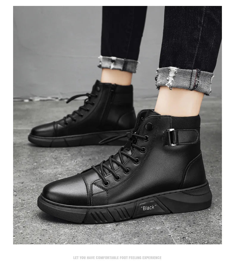 Men's Motorcycle Boots Comfortable Platform Boots Men‘s’ Outdoor High Top Leather Boots Fashion Comfortable Waterproof Men Shoes