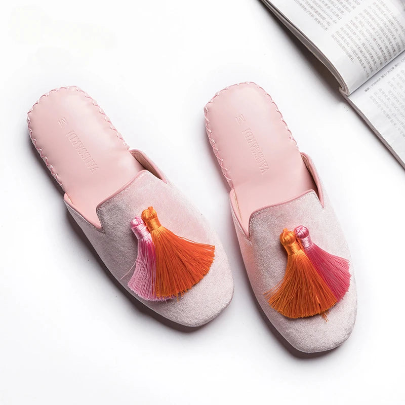 Women‘s Tassels Velvet Slippers Indoor Home Flat Shoes Wedding Slides