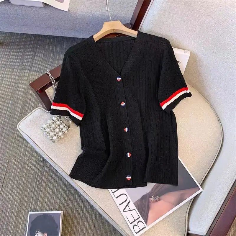 Women's 2024 Summer New Fashion Thin Spliced Buttons Loose V-neck Twist Ice Short Sleeve Cardigan Knitted All-match T-shirt Tops