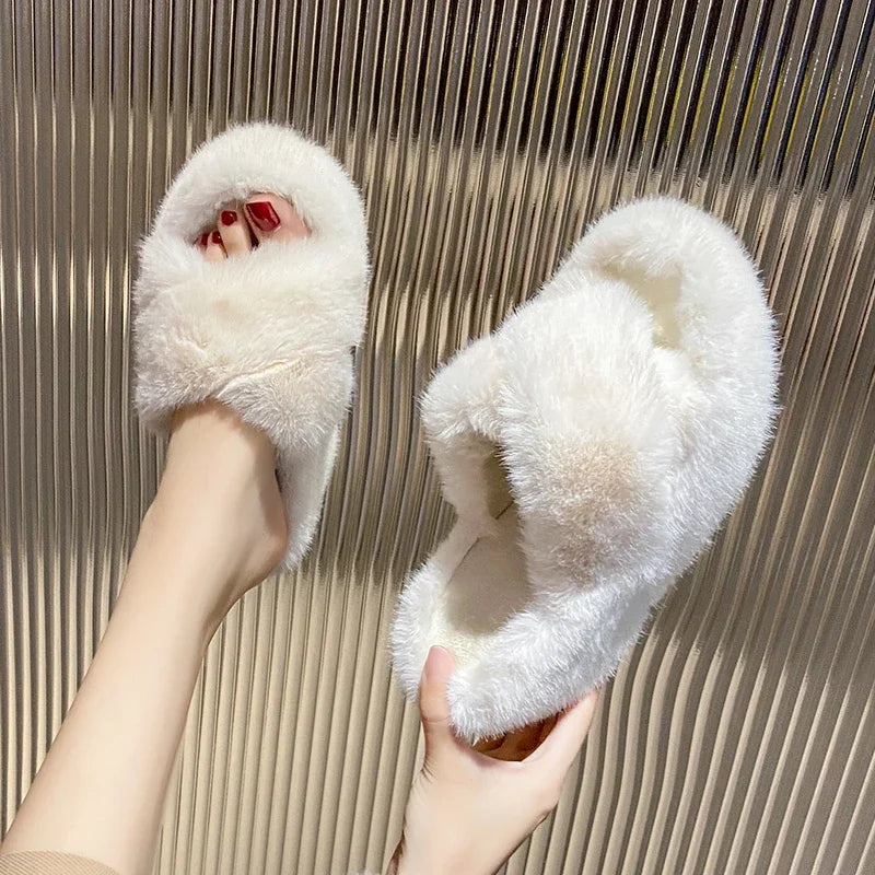 Women‘s Slippers Solid Color Shoes Outside Casual Flops Ladies Fur Slides Females 2024 High-Heels Winter Wedge Modern Slippers