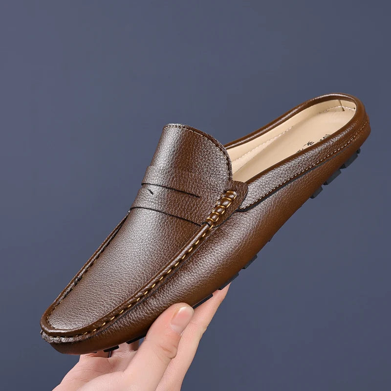 Leather Men’s Half Shoes for Men Comfortable Walking Shoe Casual Designer Shoes Slip-On Solid Color Loafers Flat Slippers 2024