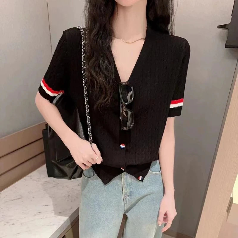 Women's 2024 Summer New Fashion Thin Spliced Buttons Loose V-neck Twist Ice Short Sleeve Cardigan Knitted All-match T-shirt Tops