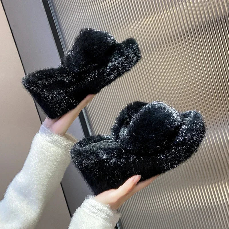 Women‘s Slippers Solid Color Shoes Outside Casual Flops Ladies Fur Slides Females 2024 High-Heels Winter Wedge Modern Slippers