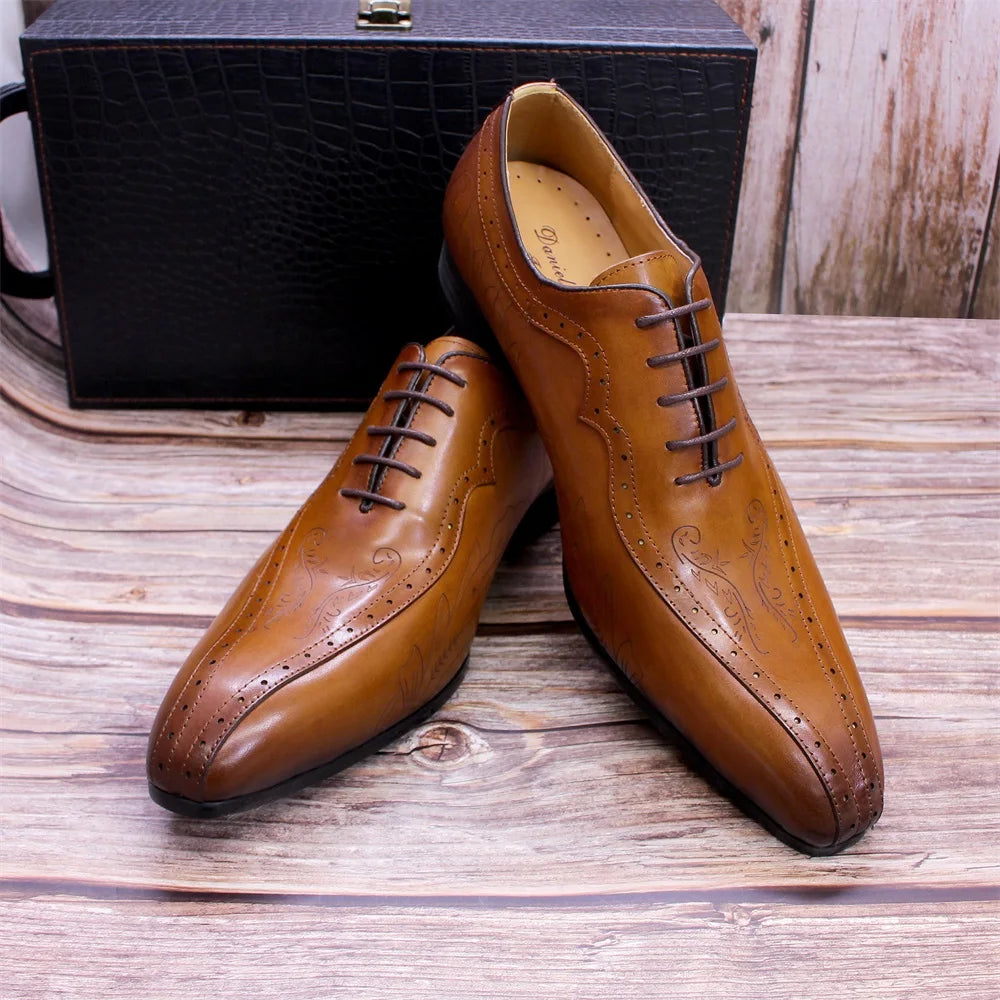 Italian Style Brown Black Genuine Leather Oxford Dress Shoes High Quality Lace Up Suit Shoes Footwear Wedding Formal Men‘s Shoes