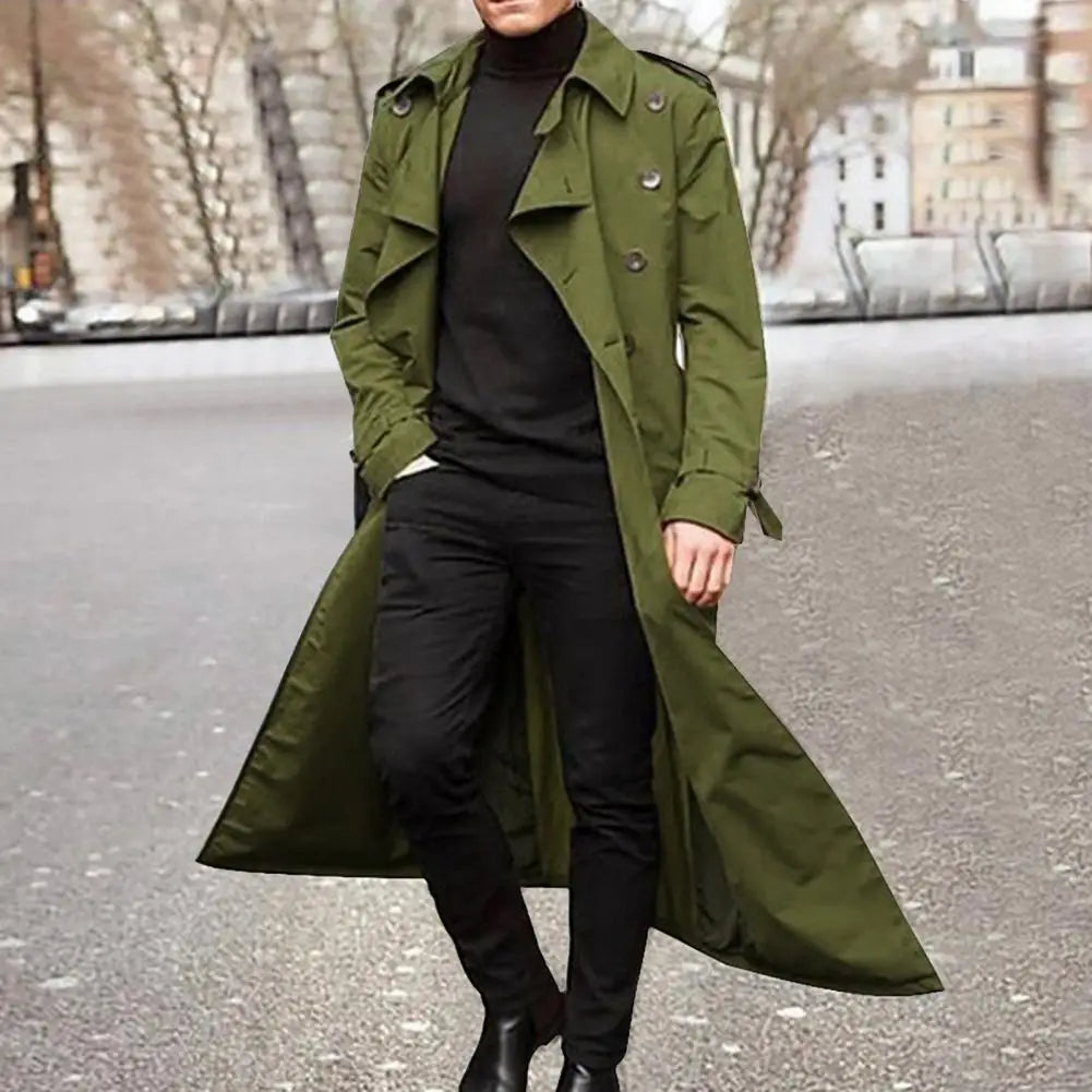 Men Trench Coat Double-breasted Lapel Windbreaker Trenchcoat Casual Loose Long Overcoat Western Extra Long Buttons Male Coat