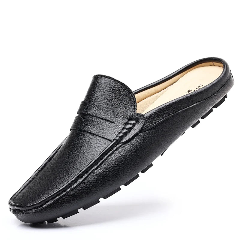 Leather Men’s Half Shoes for Men Comfortable Walking Shoe Casual Designer Shoes Slip-On Solid Color Loafers Flat Slippers 2024