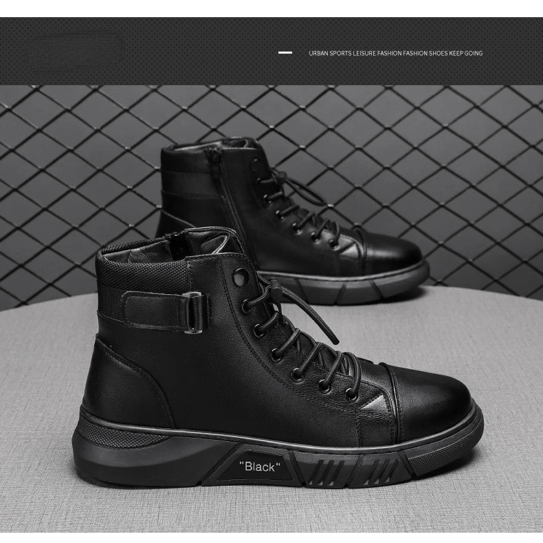 Men's Motorcycle Boots Comfortable Platform Boots Men‘s’ Outdoor High Top Leather Boots Fashion Comfortable Waterproof Men Shoes