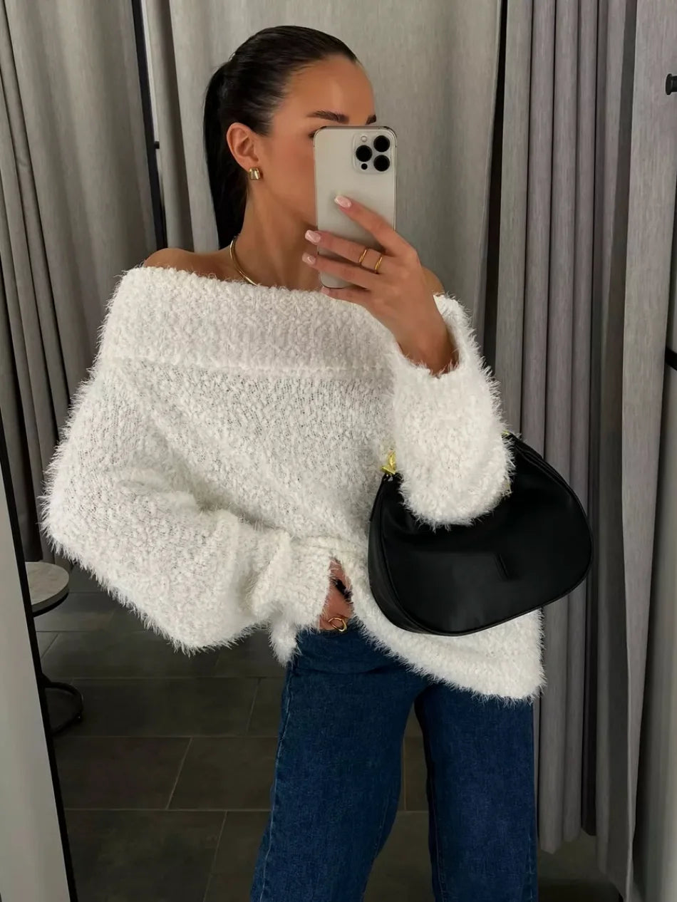 Sexy Women's knitted Sweater with Open Shoulders Autumn Winter Long Sleeve gray Fluffy Sweaters for Women Solid Oversize Sweater