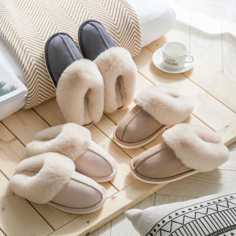 Warm Fur Indoor Home Slippers Women 2023 Winter Soft Plush Couple Cotton Padded Shoes Comfy Anti-Slip Flat Fluffy Slippers Woman