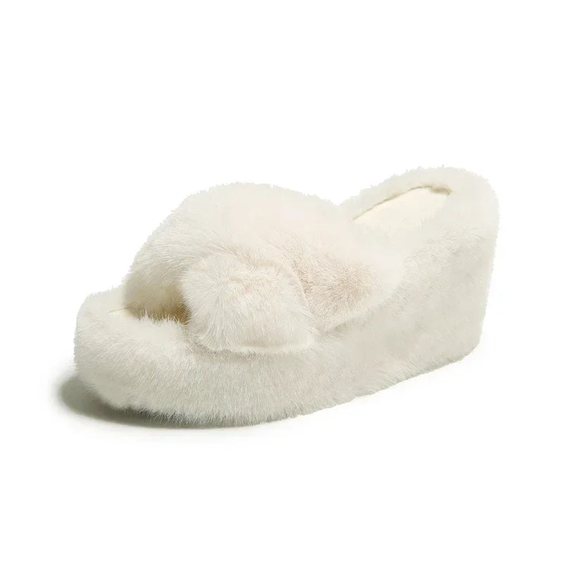 Women‘s Slippers Solid Color Shoes Outside Casual Flops Ladies Fur Slides Females 2024 High-Heels Winter Wedge Modern Slippers