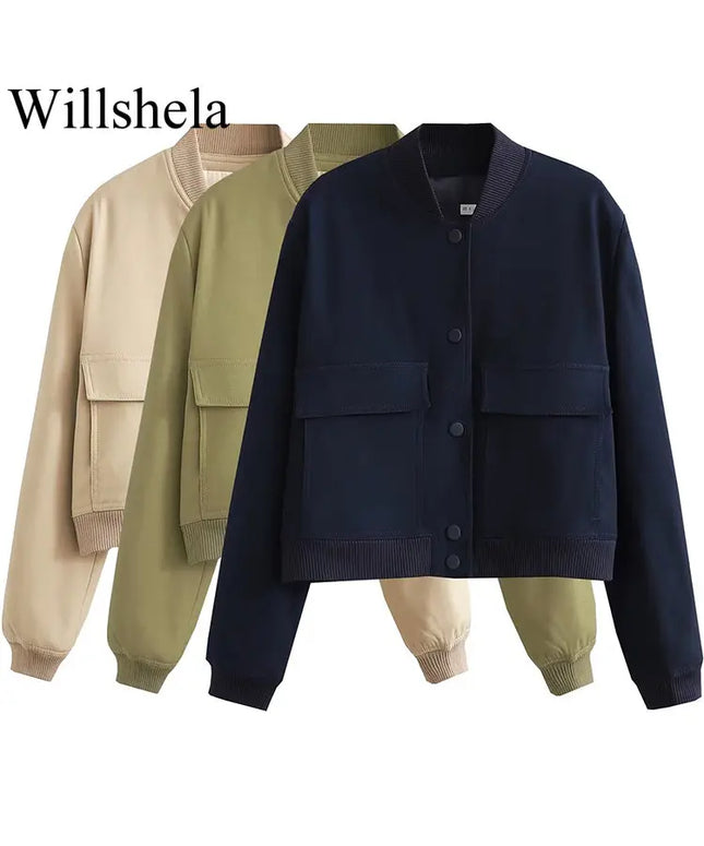 Willshela Women Fashion Solid Bomber Jackets Coat With Pockets V-Neck Single Breasted Long Sleeves Female Chic Lady Outfits