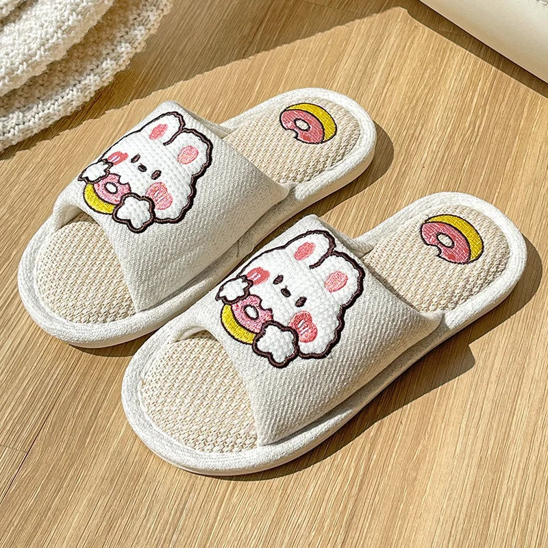 Comwarm Cute Cartoon Slippers For Women Summer Linen Woman' s Slippers Men Falt Flip Flops Indoor Home Non-Slip Cotton Slippers