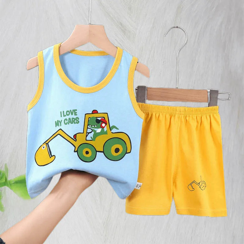 Boys Vest Set Summer Cotton New Clothes Children's Sleeveless Cartoon Wool Comfort Set Class A Thin Two-piece Set for 6-9months