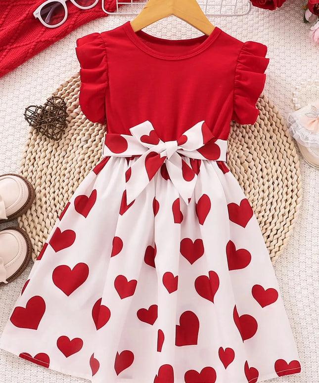 2024 Summer Cute Red Love Princess Children's Short sleeved Dress Casual Party Clothing