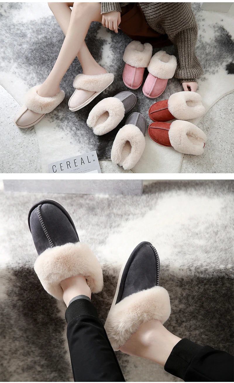 Warm Fur Indoor Home Slippers Women 2023 Winter Soft Plush Couple Cotton Padded Shoes Comfy Anti-Slip Flat Fluffy Slippers Woman