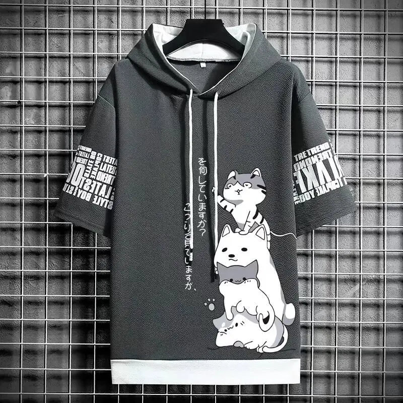 Japan Fashion Men's Hoodies Summer Men Clothing Cartoon Casual Harajuku Streetwear Print Hooded Top Short Sleeve Sweatshirts Men