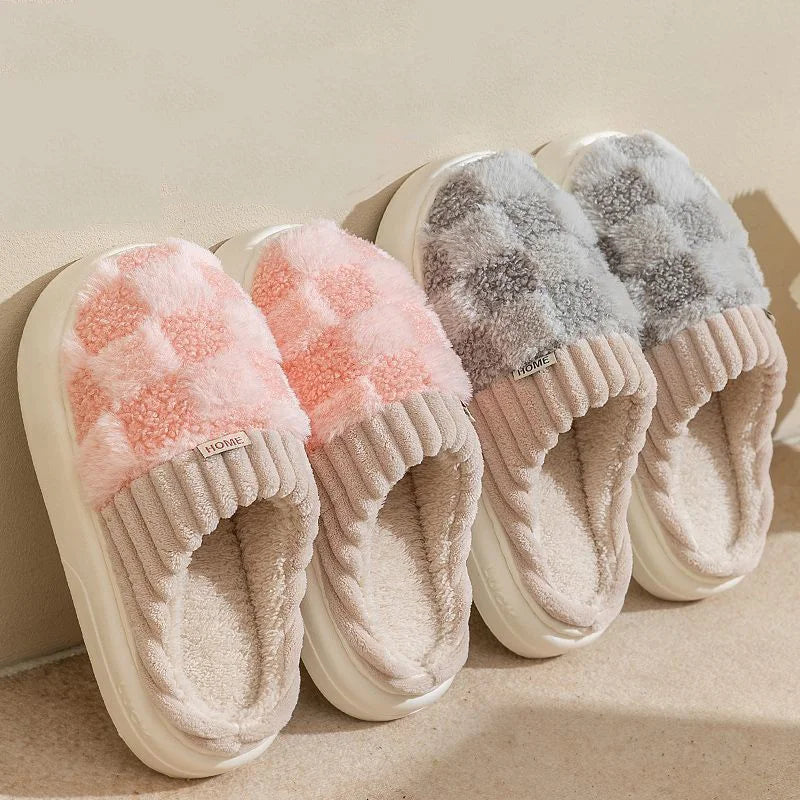 Fashion Couple Winter Slides Warm Plaid Fluffy Slippers Soft Sole Flip Flops For Women And Men Home Indoor Non-slip Cotton Shoes