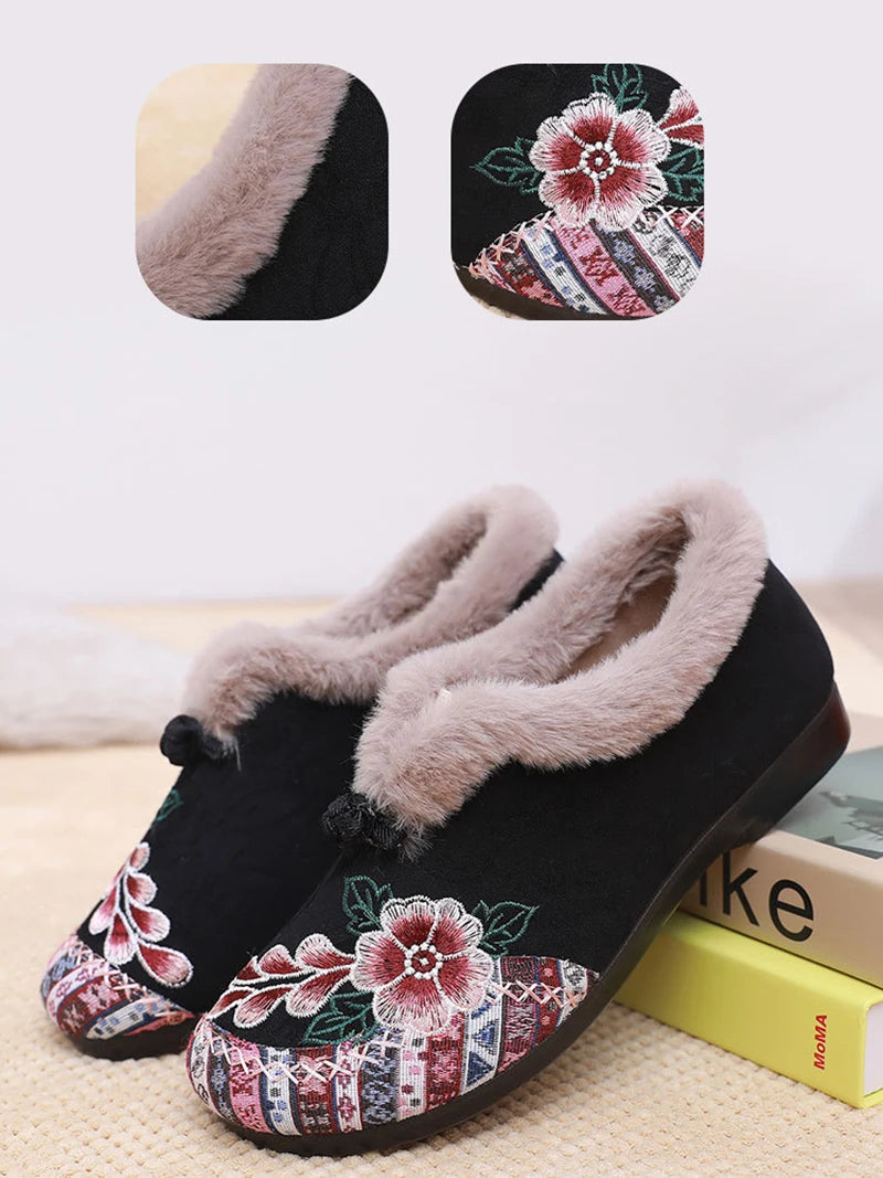 Women’s warm Plucked thickened shoes fashion embroidery patchwork shoes for lady lightweight soft comfortable non slip shoes