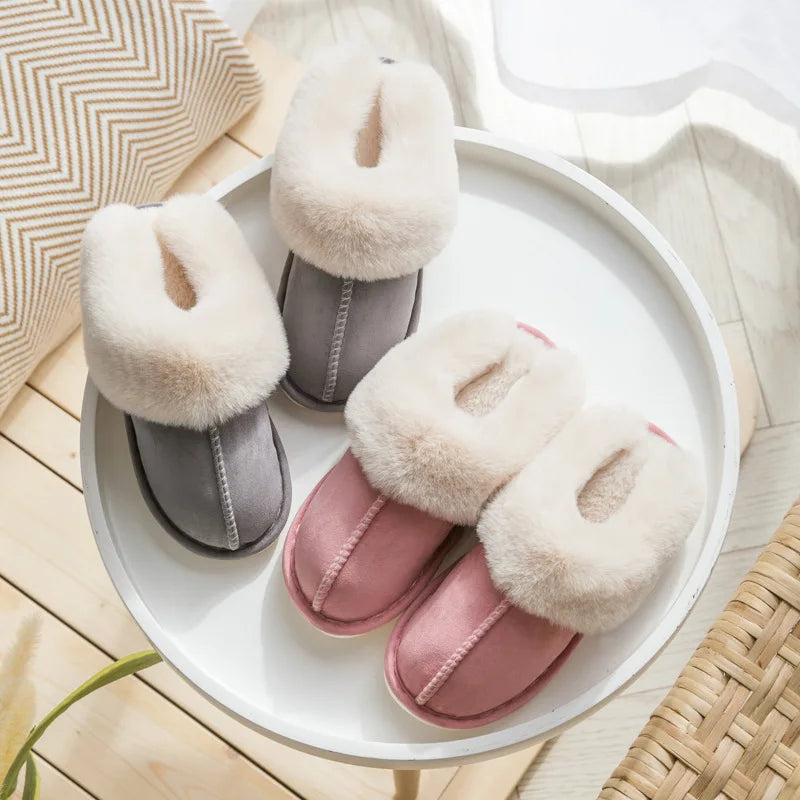 Warm Fur Indoor Home Slippers Women 2023 Winter Soft Plush Couple Cotton Padded Shoes Comfy Anti-Slip Flat Fluffy Slippers Woman