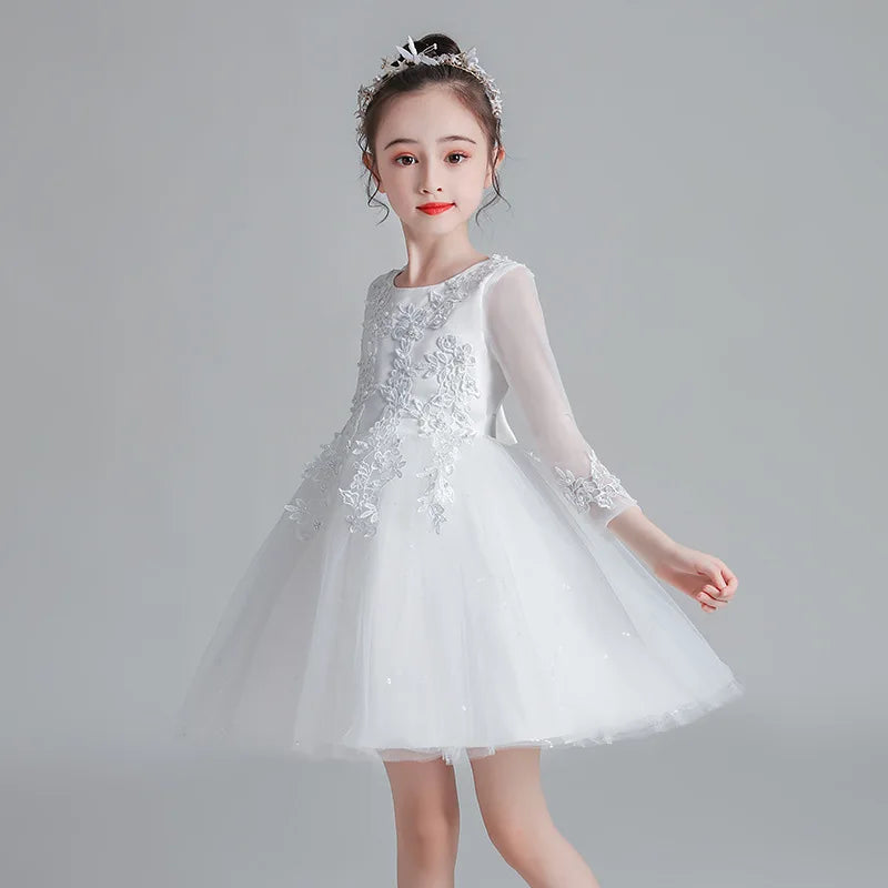 White Child Solid Lace Costume Evening Party Tutu Princess Kids Dresses For Baby Girl Formal Wedding Clothes 3 4 6 8 10 11Years