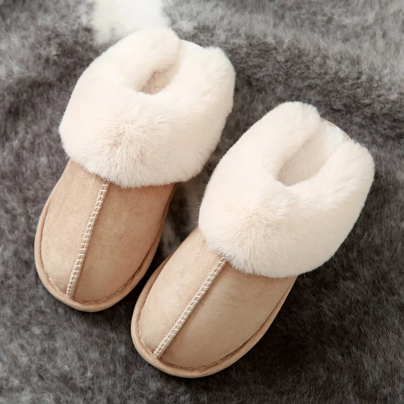 Warm Fur Indoor Home Slippers Women 2023 Winter Soft Plush Couple Cotton Padded Shoes Comfy Anti-Slip Flat Fluffy Slippers Woman