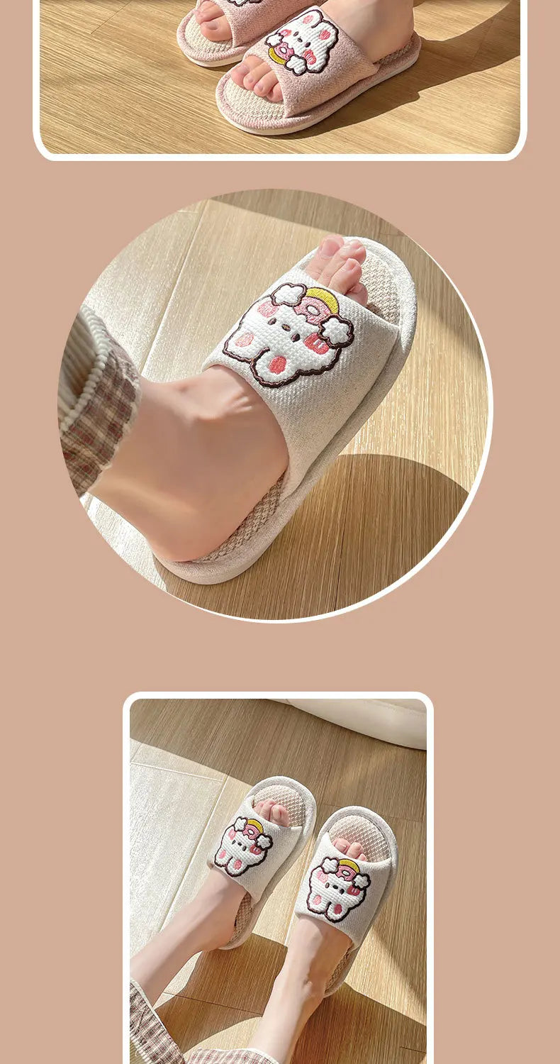 Comwarm Cute Cartoon Slippers For Women Summer Linen Woman' s Slippers Men Falt Flip Flops Indoor Home Non-Slip Cotton Slippers