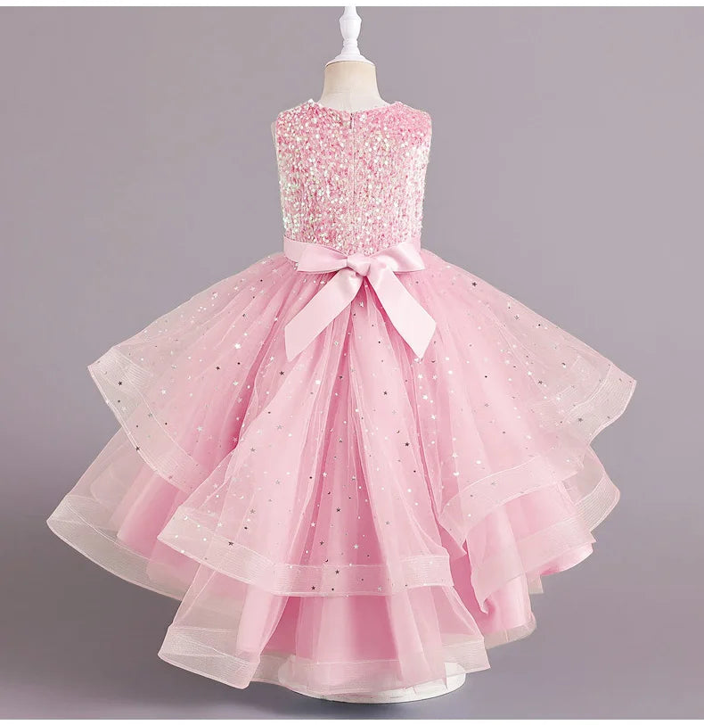 A88 Children Mesh Gown Girls Sleeveless Dress Pink Wedding Evening Party Princess Dresses For Kids Girl