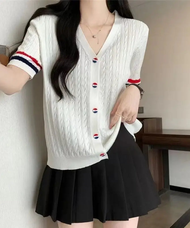 Women's 2024 Summer New Fashion Thin Spliced Buttons Loose V-neck Twist Ice Short Sleeve Cardigan Knitted All-match T-shirt Tops