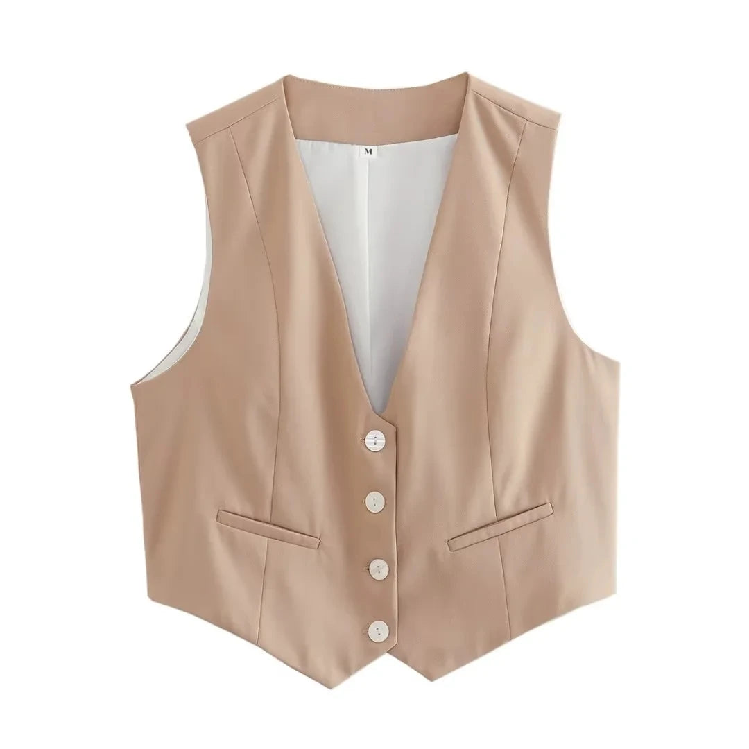 KAOPU ZA Women Fashion Front Buttons Cropped Waistcoat Vintage V Neck Sleeveless Female Outerwear Chic Tops