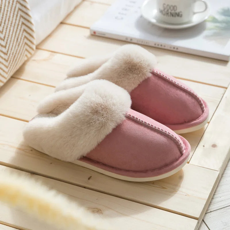 Warm Fur Indoor Home Slippers Women 2023 Winter Soft Plush Couple Cotton Padded Shoes Comfy Anti-Slip Flat Fluffy Slippers Woman