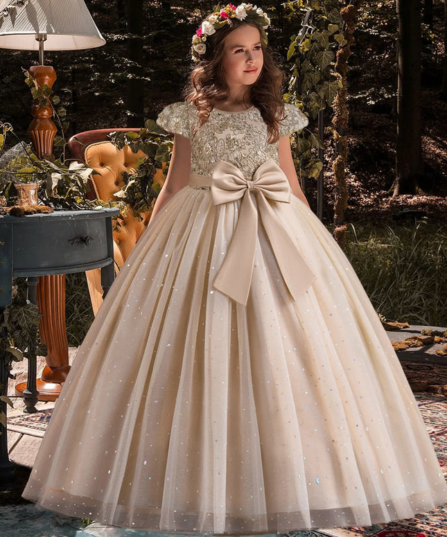 Girls Princess Bridesmaid Dress Kids Long Prom Ball Gowns Children Wedding Birthday Party Bow Lace Dresses Christmas Vestidos