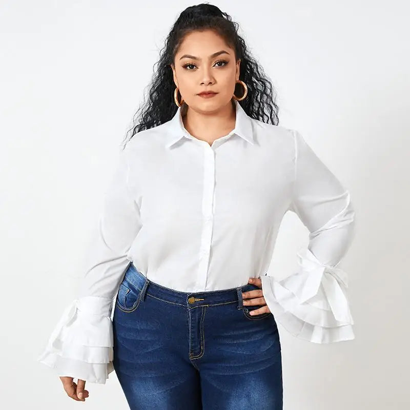 Plus Size 5XL VONDA Shirts White Blouse Women Autumn Long Flare Sleeve Tops Tunic Casual Solid Buttons Blusas Femininas