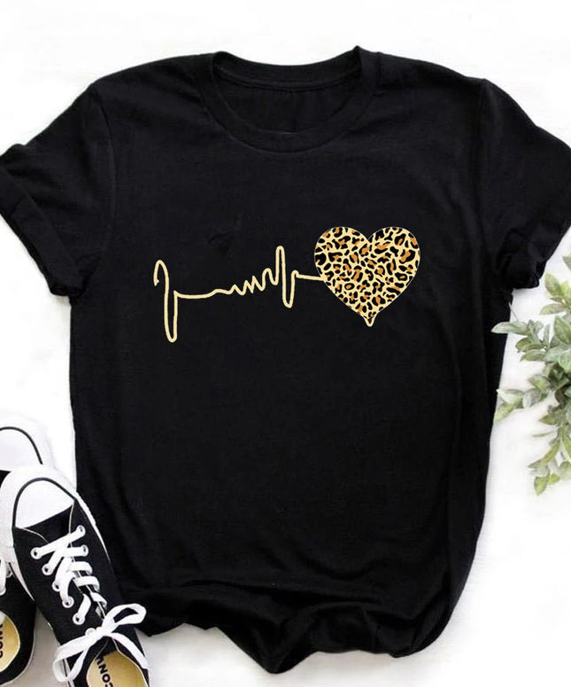 Summer New 90 's Leopard Heartbeat Short Sleeve Print Clothing Women's T-Shirt Harajuku Graphic Clothing Women's Top,Drop Ship