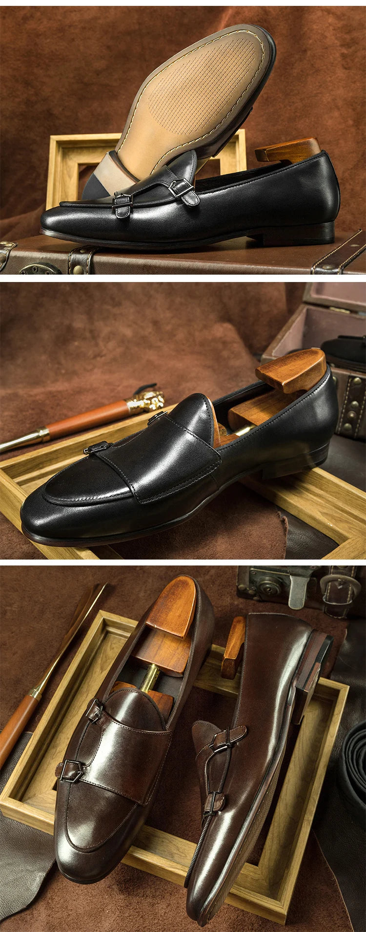 Spring Autumn Men’s Loafers Wedding Party Dress Shoes Black Brown Monk Strap Casual Fashion Male Slip On Footwear