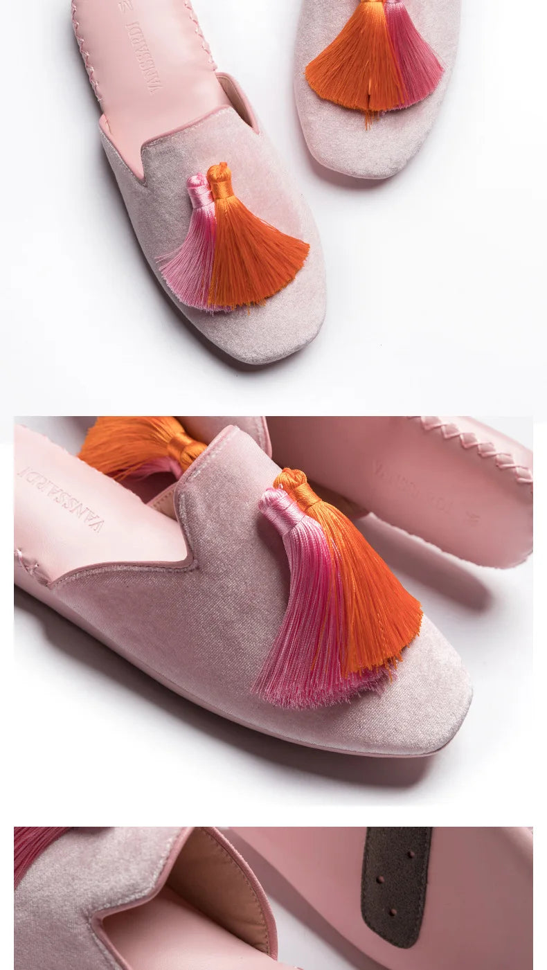 Women‘s Tassels Velvet Slippers Indoor Home Flat Shoes Wedding Slides