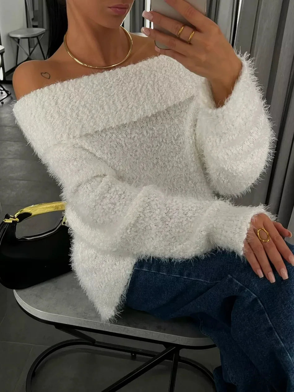 Sexy Women's knitted Sweater with Open Shoulders Autumn Winter Long Sleeve gray Fluffy Sweaters for Women Solid Oversize Sweater