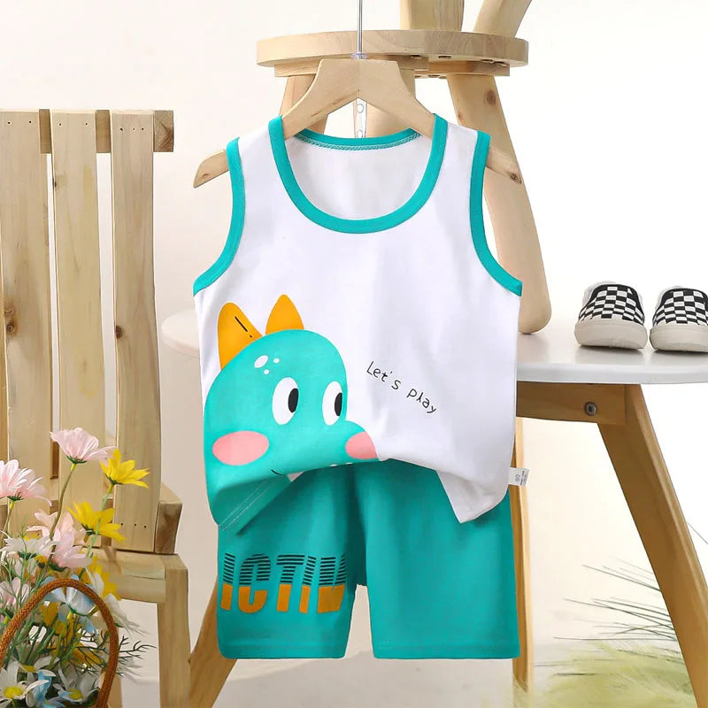 Boys Vest Set Summer Cotton New Clothes Children's Sleeveless Cartoon Wool Comfort Set Class A Thin Two-piece Set for 6-9months