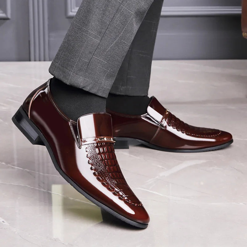 Patent Leather Business Men Shoes Formal Slip on Dress Shoes Men‘s Oxfords Footwear Alligator Pattern Leather Shoes for Man