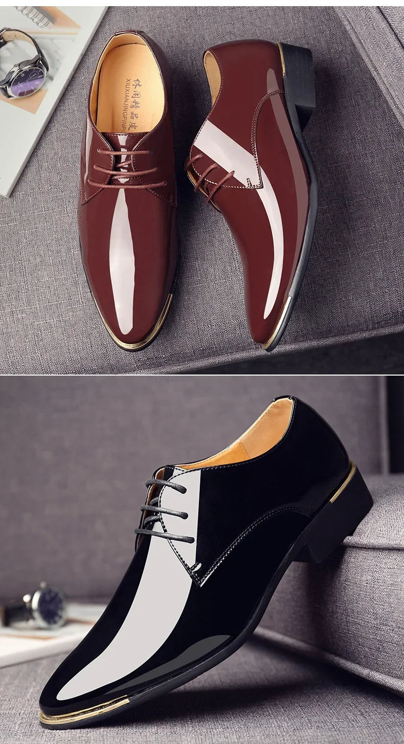 2024 New Men’s Patent Leather Shoes  British Style Men's Dress Shoes Lace Up Pointed Toe Wedding Business Party Social Shoe Male