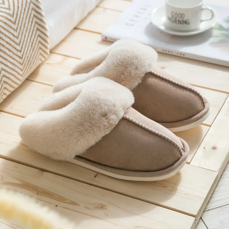 Warm Fur Indoor Home Slippers Women 2023 Winter Soft Plush Couple Cotton Padded Shoes Comfy Anti-Slip Flat Fluffy Slippers Woman