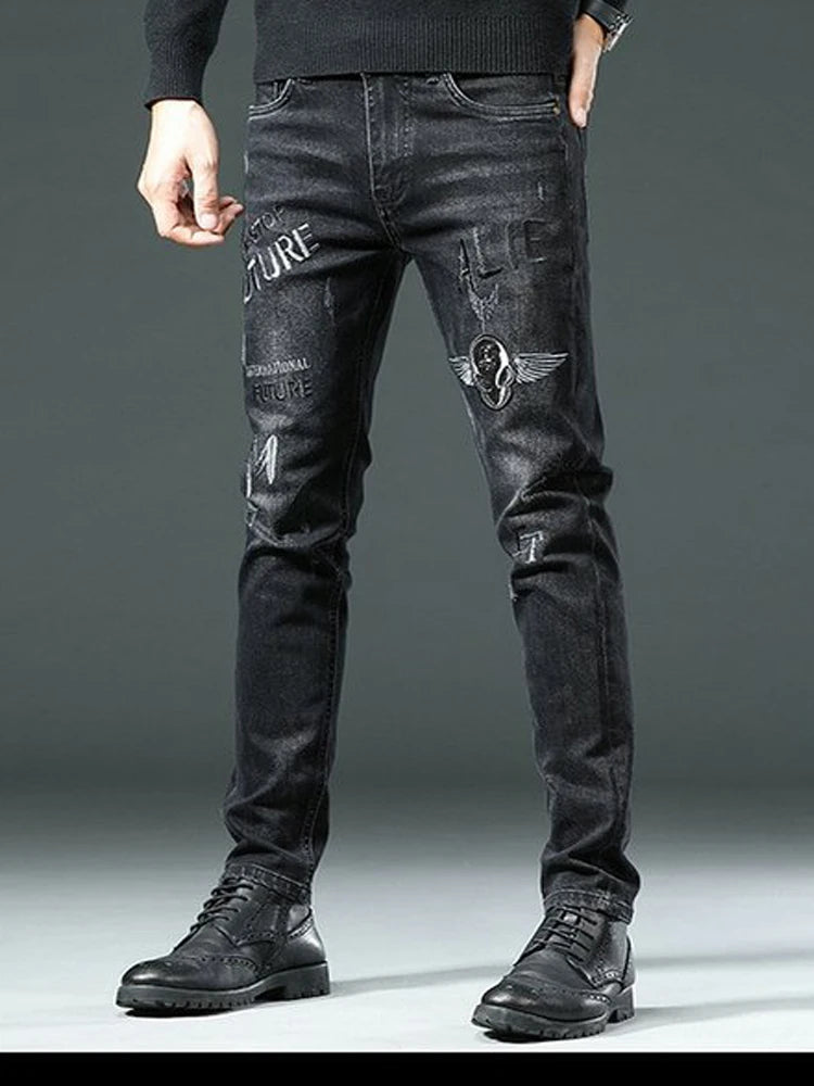 High End Stylish Classic Distinctive Printed Black Stretch Denim Jeans for Men High Quality Slim Fit Stretch Luxury Denim Pants