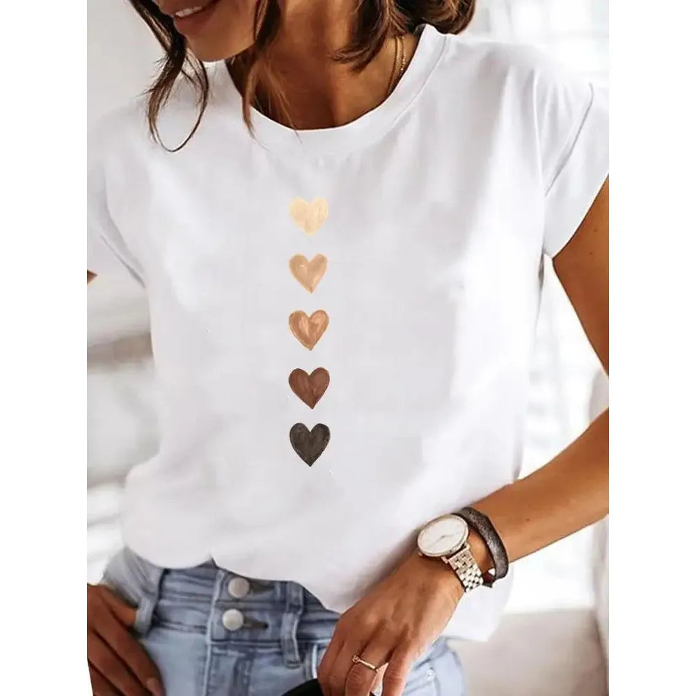 Love Heart Print Women Summer T-shirt Girl O Neck Funny Y2K Tops Tee Female 90s Casual Clothing