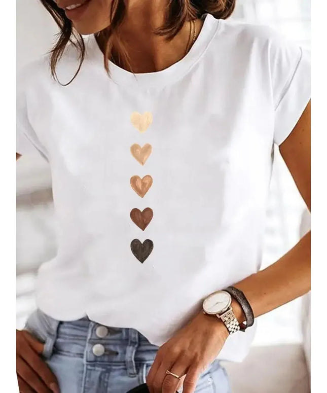 Love Heart Print Women Summer T-shirt Girl O Neck Funny Y2K Tops Tee Female 90s Casual Clothing