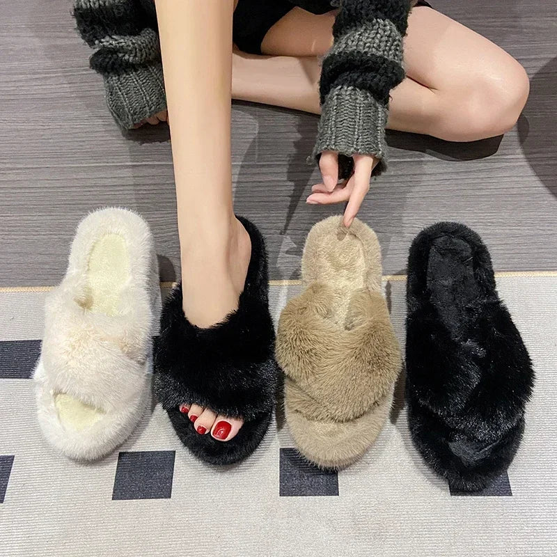 Women‘s Slippers Solid Color Shoes Outside Casual Flops Ladies Fur Slides Females 2024 High-Heels Winter Wedge Modern Slippers