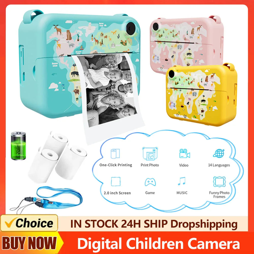 Digital Children Camera Instant Print Photo 2 Inch Screen Kids Camera Selfie Video Digital Camera Birthday Gifts for Girls Boys