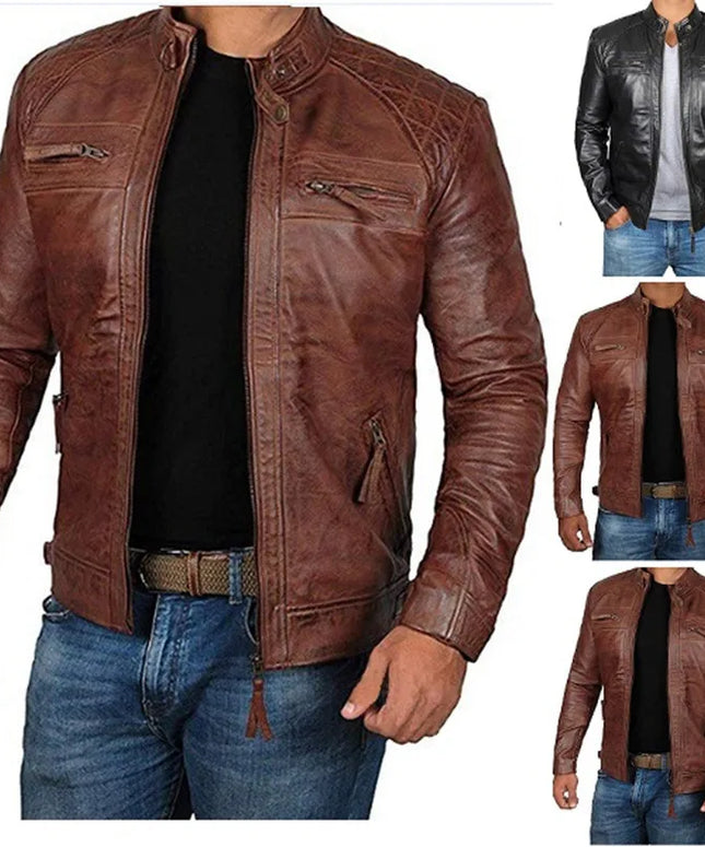 2024 New Spring and Autumn Men's Fashion Handsome Leather Coat Stand Collar Punk Motorcycle Leather Jacket  Faux Leather