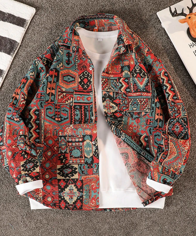 Autumn Lapel Ethnic Style Jacquard Shirt Men's Casual Loose High Street Jacket Men Tops Overcoat Shirts Male Clothes